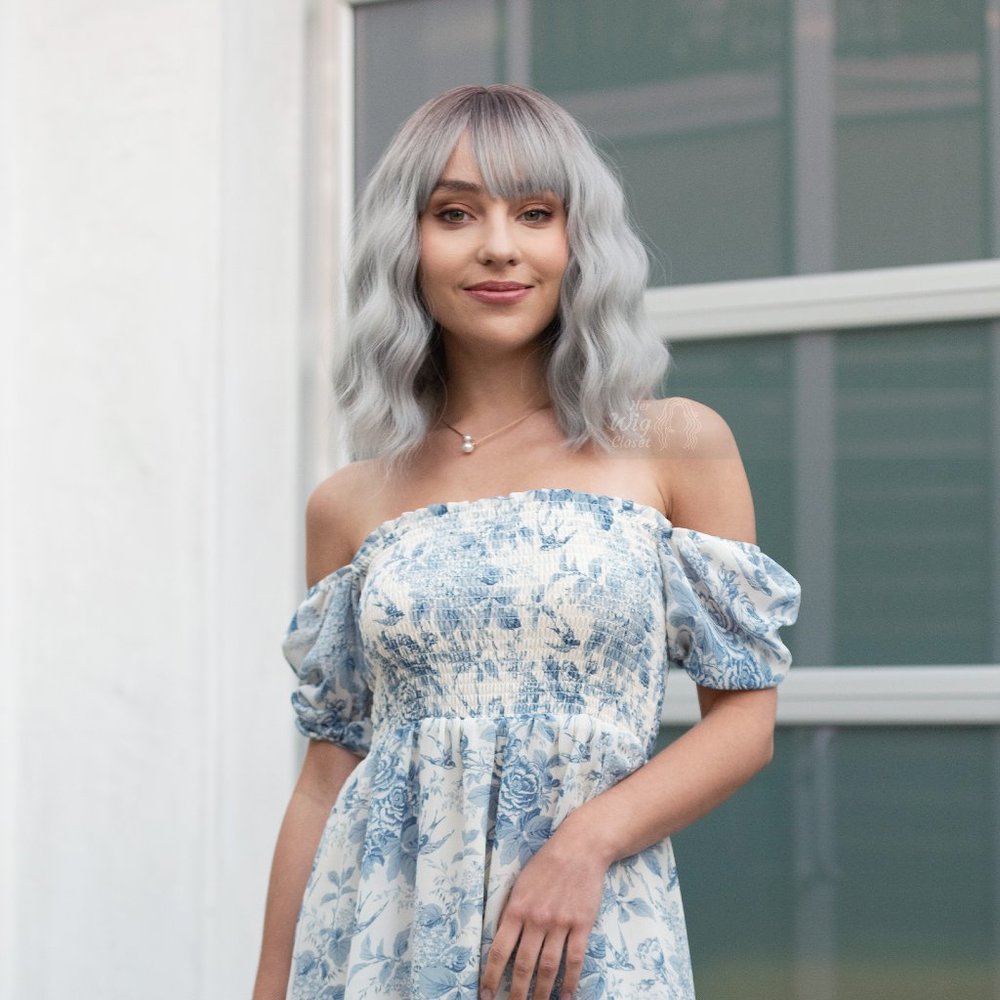 Dark Roots Silver Ombre Wavy Wig with Bangs | Mothers Day Gift | Ororo - Picture 3 of 9